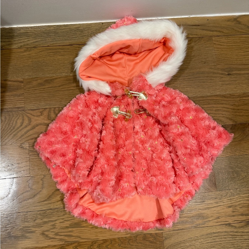 Little Lass Coral Hooded Cape with Faux Fur Trim